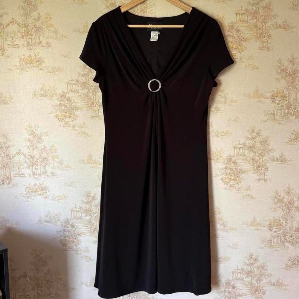 Vintage 90s Y2K S.L. Fashions Black Dress Rhinestone O-Ring Midi Size L 12